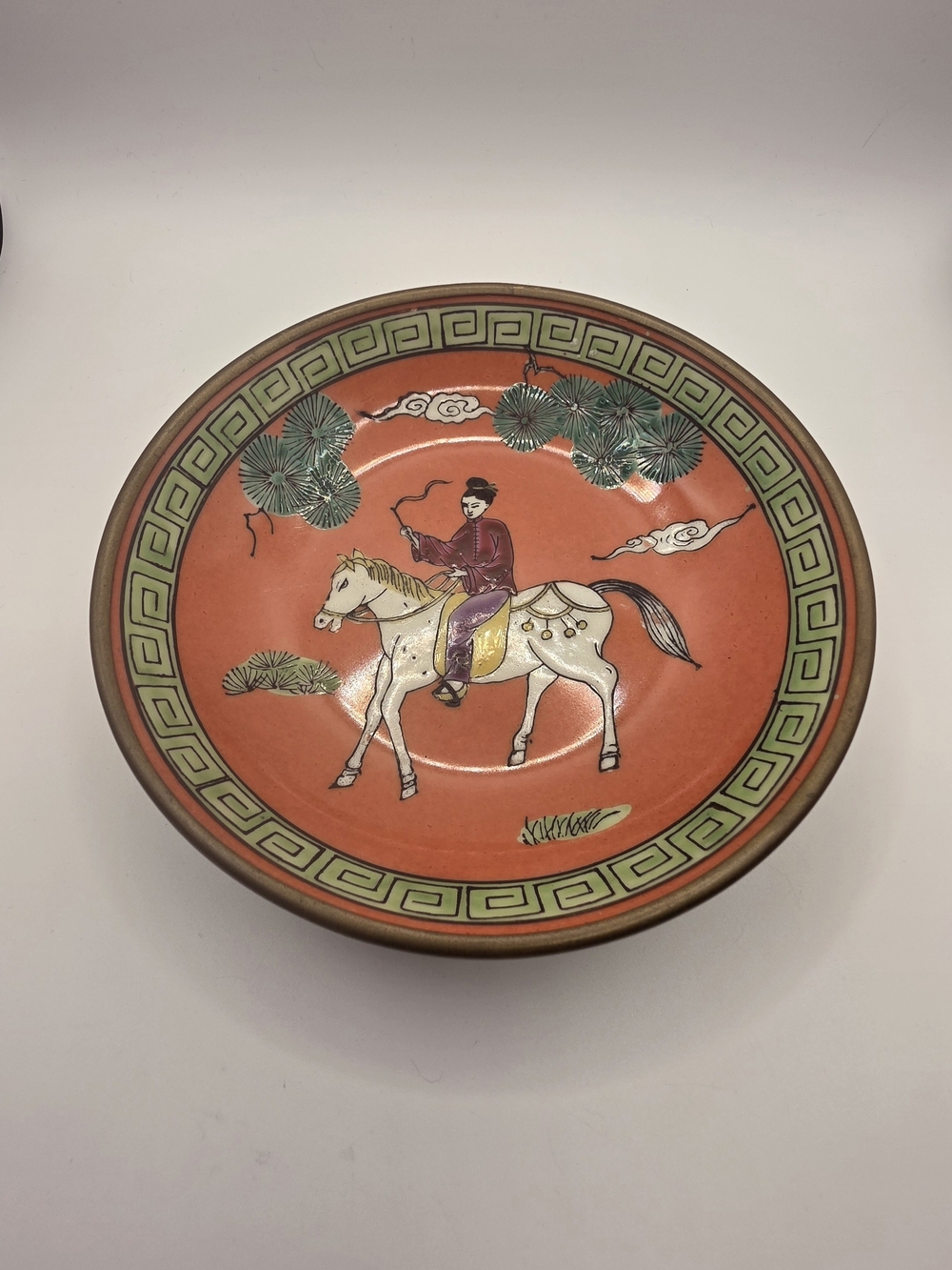 Andrea by Sadek VTG Porcelain Chinoiserie Brass-encased Bowl w/ Rider On A Horse